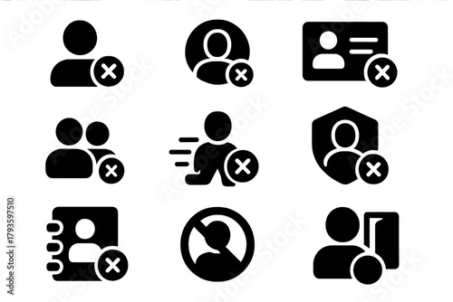 User Removal Icons. Solid style icons of user and content removal: profile with X, banned user icon, contact delete, block icon,