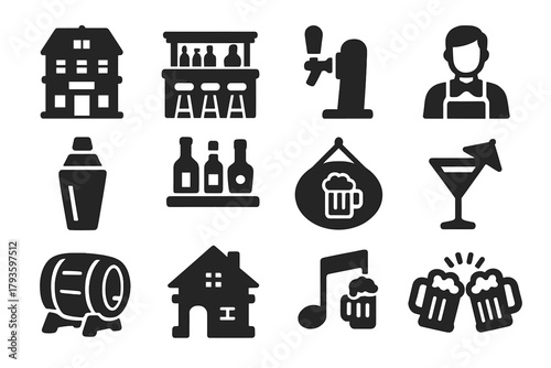 Solid Style Pub Icons. Solid style icons of Bars and pubs: pub building, bar counter, beer tap, bartender icon, cocktail shaker,