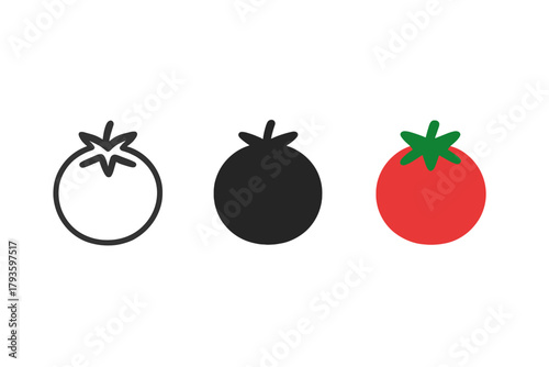 Minimalist Tomato Icons. Minimalist tomato vegetable icon: three identical round tomatoes with small leaves on top in a row, first