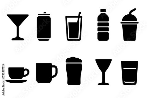 Solid Style Drink Icons. Solid style icons of Drinks: cocktail glass, soda can, juice glass, water bottle, champagne flute,