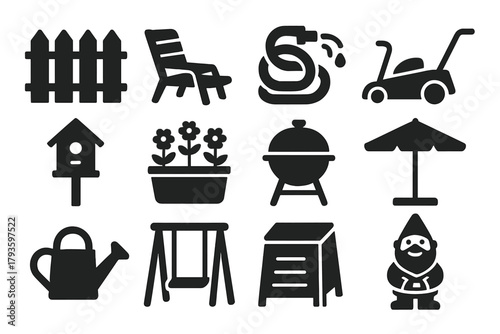 Garden Icons Collection. Solid style icons of garden and outdoor space: backyard fence, patio chair, garden hose, lawn mower,