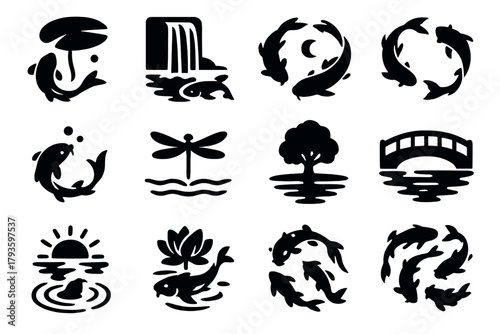 Koi Pond Icons. Solid style icons of Koi Pond Scenes: koi under lily pad, koi near waterfall, koi circling, koi feeding, dragonfly
