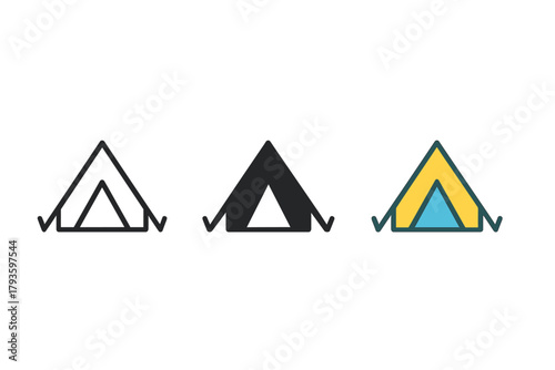 Minimalist Tent Icons. Minimalist tent travel icon: three identical triangular camping tents in a row, first in line style with