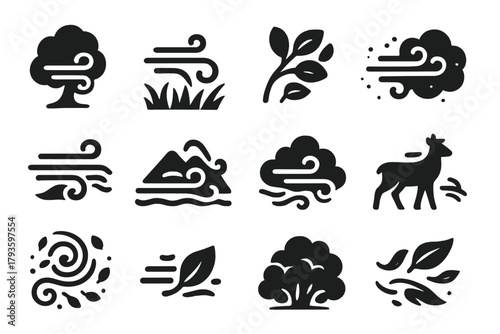 Wind and Nature Icons. Solid style icons of nature and wind interaction: wind with tree icon, breeze moving grass, air rustling