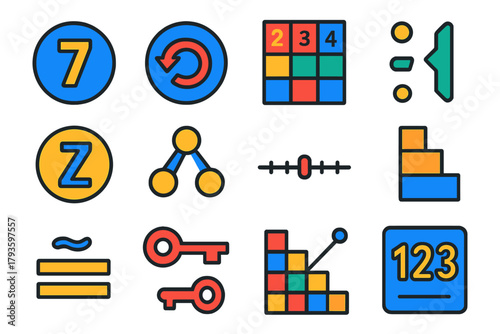 Mathematical Icon Set. Flat vector icons of number theory: prime number, modular arithmetic, divisibility chart, integer set,