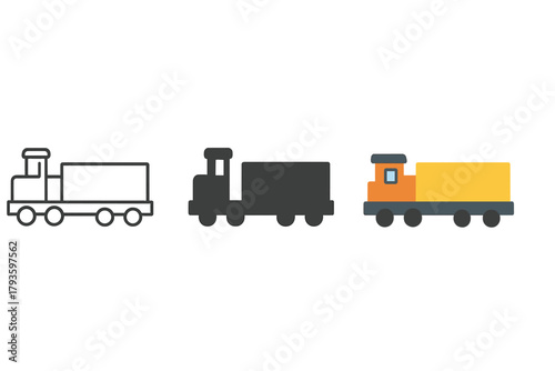 Minimalist Train Icons. Minimalist cargo train icon: three identical freight trains with wagons in side view in a row, first in
