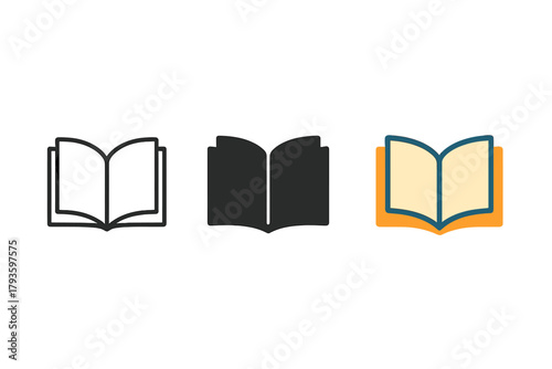 Minimalist Book Icons. Minimalist reading hobby icon: three identical open books with visible pages in a row, first in line style