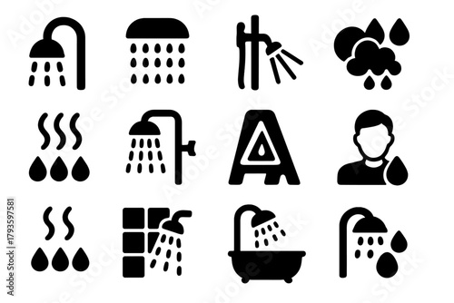 Bathroom Shower Icons. Solid style icons of showers and bathroom rain: shower head icon, rainfall shower symbol, water spray icon,