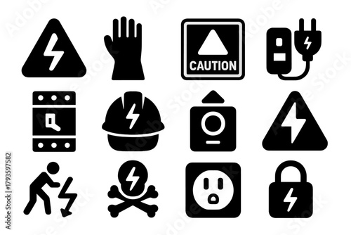 Electric Safety Icons. Solid style icons of Safety and electricity: warning triangle, insulated glove, caution sign, grounded plug