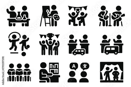 School Activity Icons. Solid style icons of School activities: science fair, art project, music rehearsal, gym class, sports day,