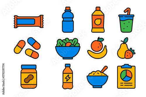 Athletic Nutrition Icons. Flat vector icons of nutrition in athletics: protein bar, water bottle, energy gel, vitamin capsules,
