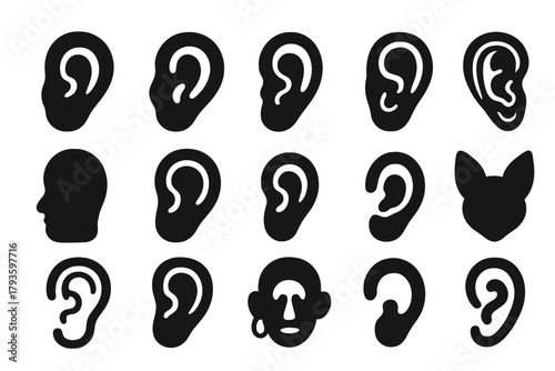 Solid Ear Icons. Solid style icons of Ears: human ear, side ear, simple ear, detailed ear, ear silhouette, big ear, small ear,