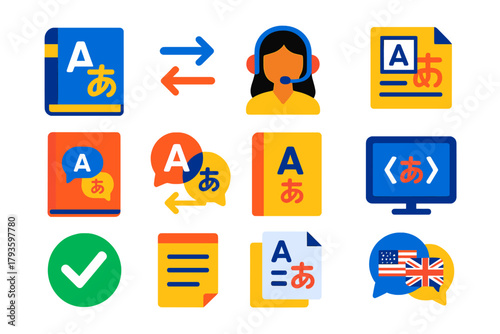 Translation Icon Set. Flat vector icons of translation studies: bilingual dictionary, translation arrows, interpreter headset,