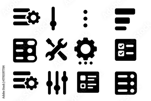 Solid UI Settings Icons. Solid style icons of options and settings: gear in menu, slider in dropdown, options dots, context menu