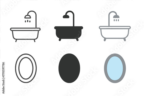 Minimalist Bathroom Icons. Linear minimalistic bathroom icon: bathtub outline with shower, uniform line thickness, no fill, Solid