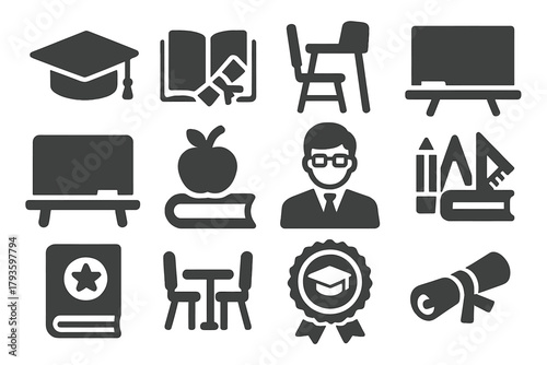 Education Icon Set. Solid style icons of Education: graduation cap, book with diploma, school desk, lecture board, chalkboard,