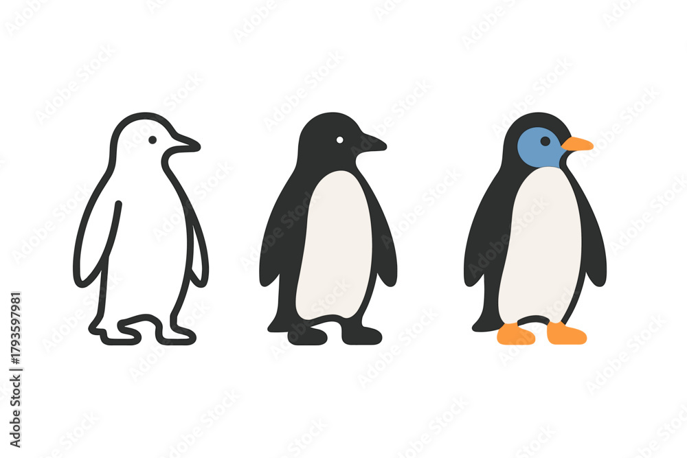 Naklejka premium Minimalist Penguin Trio. Minimalist penguin animal icon: three identical penguins standing upright in a row, first in line style