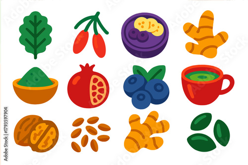 Colorful Superfood Icons. Flat vector icons of superfoods: kale, goji berries, acai bowl, turmeric root, spirulina powder,