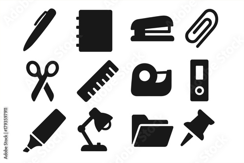 Office Essentials Icons. Solid style icons of Office essentials: pen, notebook, stapler, paperclip, scissors, ruler, tape