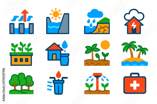 Adaptation Strategy Icons. Flat vector icons of adaptation strategies: flood barrier, seawall, drought reservoir, storm shelter,
