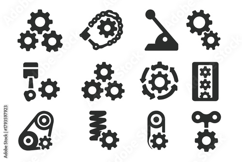 Mechanism Icons. Solid style icons of Mechanisms: gear system, cog with chain, lever with gear, piston with gear, interconnected