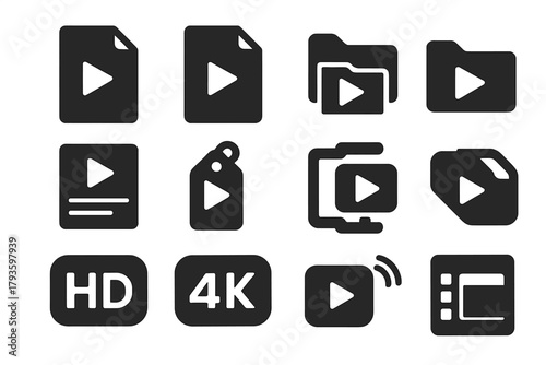 Video File Icons. Solid style icons of video file types: MP4 file, MOV file, AVI icon, MKV icon, video folder, thumbnail preview,
