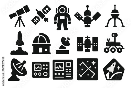 Space Exploration Icons. Solid style icons of Space Exploration: telescope, satellite, astronaut, space probe, rocket launch,