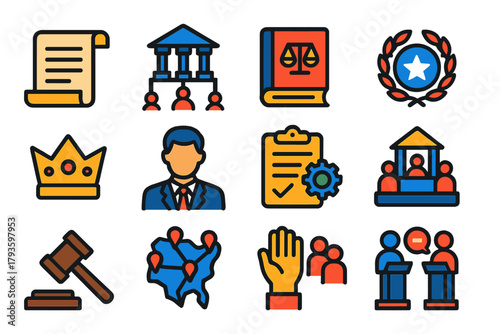 Political System Icons. Flat vector icons of political systems: constitution scroll, government hierarchy, law book, civic emblem,