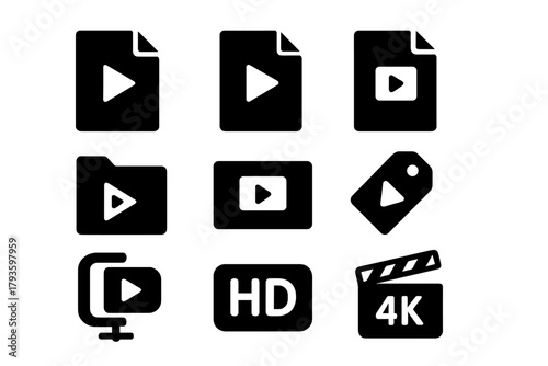 Video File Icons. Solid style icons of video file types: MP4 file, MOV file, AVI icon, MKV icon, video folder, thumbnail preview,
