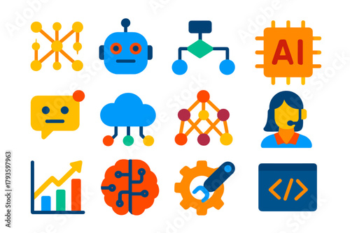 AI Icon Set. Flat vector icons of artificial intelligence: neural network, robot head, algorithm flowchart, AI chip, chatbot, data