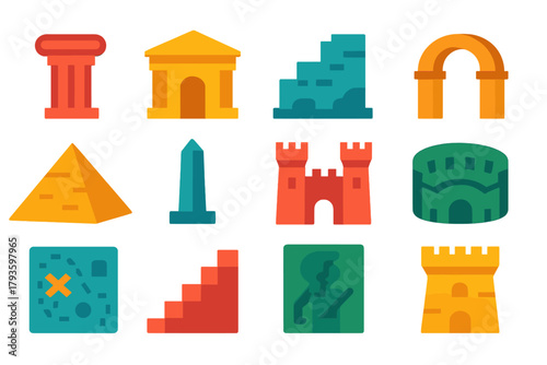 Ancient Ruins Icons. Flat vector icons of ancient ruins: stone column, temple facade, crumbling wall, archway, pyramid, obelisk,