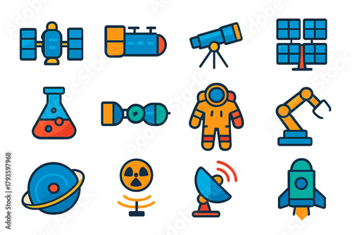 Orbital Research Icons. Flat vector icons of orbital research: satellite, space lab, telescope, solar panel array, microgravity