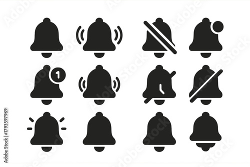 Variety of Bell Icons. Solid style icons of notification bells: classic bell, ringing bell, silent bell, bell with slash, bell