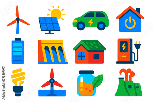 Renewable Energy Icons. Flat vector icons of renewable solutions: wind turbine, solar panel, electric car, smart home, battery