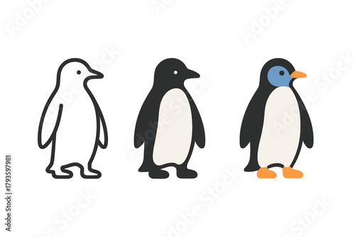 Minimalist Penguin Trio. Minimalist penguin animal icon: three identical penguins standing upright in a row, first in line style