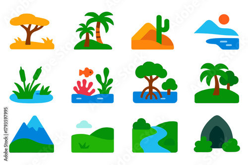 Wildlife Habitat Icons. Flat vector icons of wildlife habitats: savannah, rainforest, desert, tundra, wetland, coral reef,