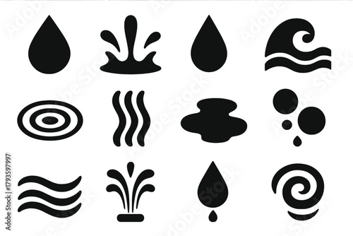 Water Element Icons. Solid style icons of Water elements: water drop, splash, droplet, wave, ripple, water stream, puddle, bubble,