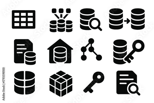 Database System Icons. Solid style icons of database systems: SQL table, NoSQL cluster, data query, data replication, transaction
