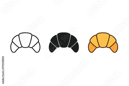 Minimalist Croissant Icons. Minimalist croissant breakfast icon: three identical crescent-shaped croissants in a row, first in