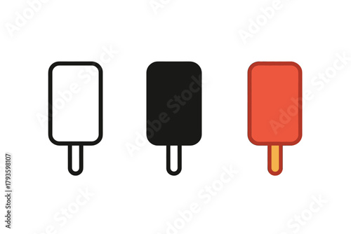 Minimalist Popsicle Icons. Minimalist ice cream popsicle icon: three identical rectangular popsicles on sticks in a row, first in