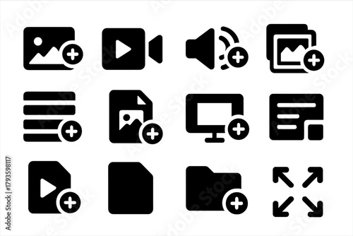Icon Set Additions. Solid style icons of media and content addition: photo with plus, video add icon, audio add, gallery plus,