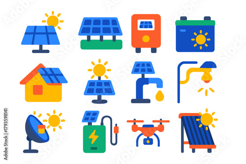 Bright Solar Energy Icons. Flat vector icons of solar energy: photovoltaic panel, solar farm, solar inverter, solar battery, solar