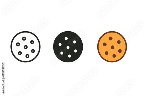 Cookie Icon Styles. Minimalist cookie dessert icon: three identical round cookies with small dots representing chocolate chips in