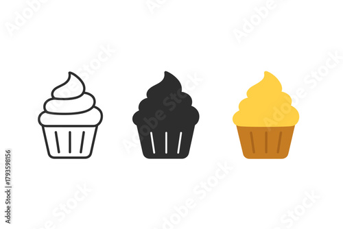 Minimalist Cupcake Trio. Minimalist cupcake dessert icon: three identical cupcakes with cream topping in a row, first in line