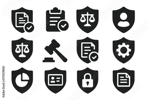 Legal Policy Icons. Solid style icons of legal and policy safety: shield with document, compliance icon, legal protection shield,