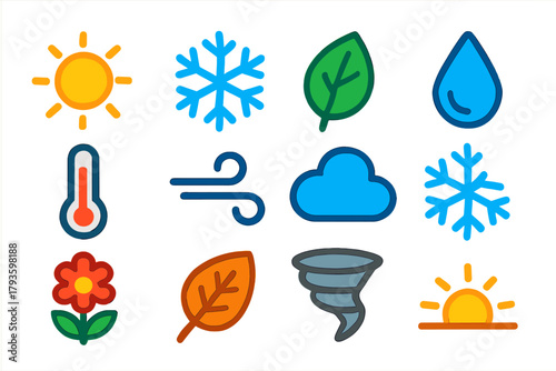 Seasonal Icon Collection. Flat vector icons of seasonal changes: sun, snowflake, leaf, raindrop, thermometer, wind icon, cloud,