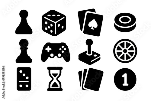 Solid Game Icons. Solid style icons of Games: board game piece, dice, playing cards, checker piece, chess pawn, game controller,