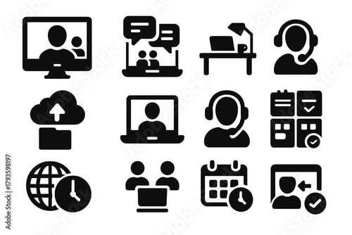 Remote Collaboration Icons. Solid style icons of remote collaboration: video call screen, online team chat, remote work desk,