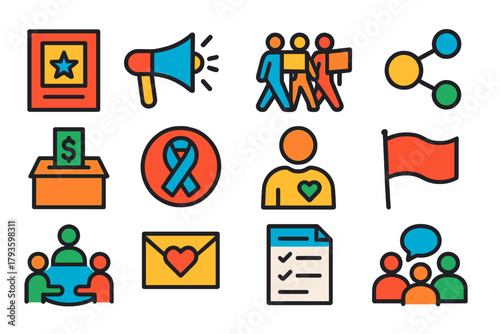 Activism Icons Set. Flat vector icons of activism and advocacy: campaign poster, megaphone, protest march, social media share,
