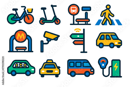 Urban Mobility Icons. Flat vector icons of urban mobility: bike-sharing, e-scooter, bus stop, pedestrian crossing, metro entrance,